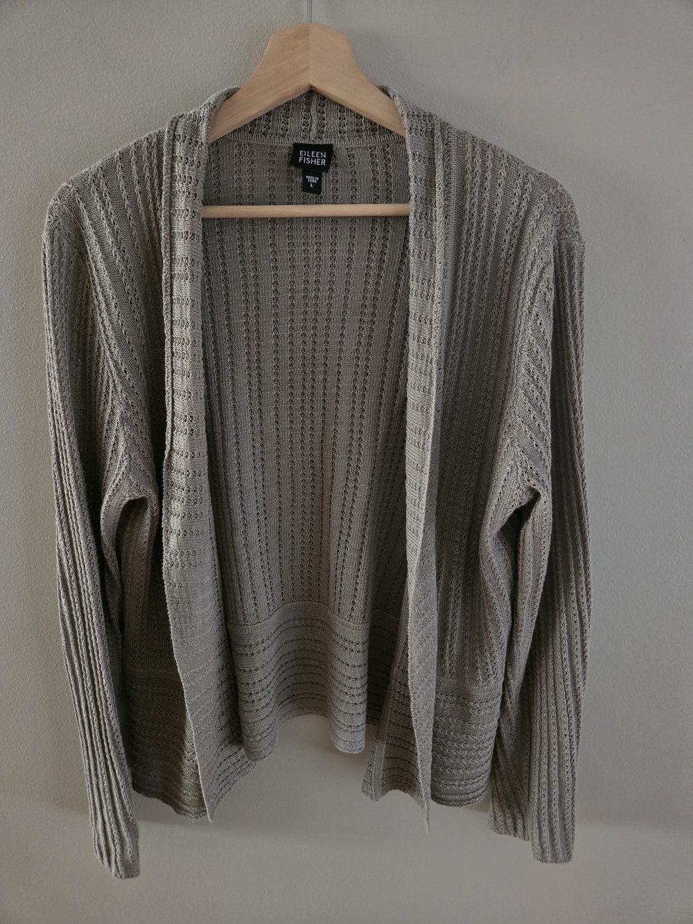 Eileen Fisher 100% Linen Mushroom Brown Open Front Open Knit Cardigan Size Large